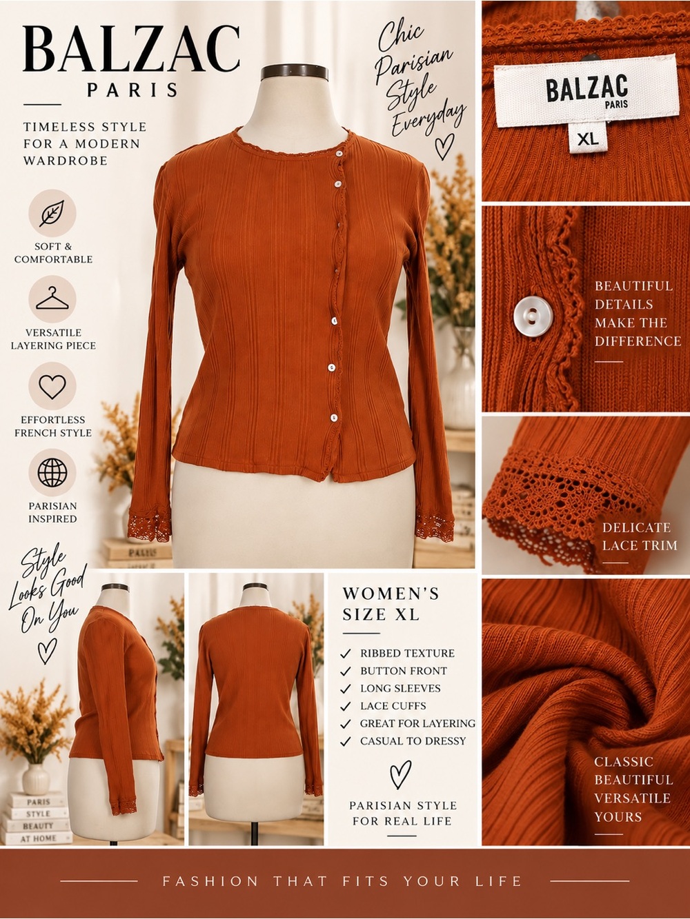 Balzac Paris XL Rust Orange Ribbed Cardigan Lace Trim Button Front French Chic